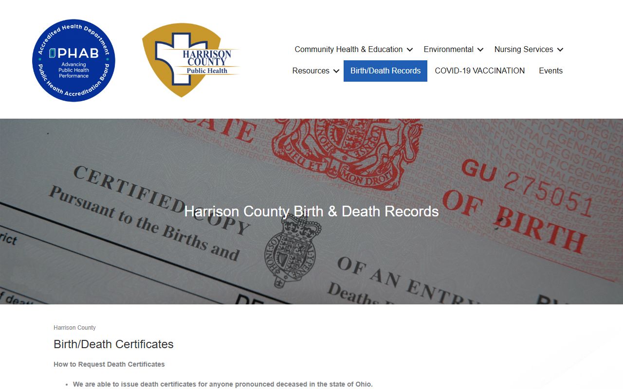 Harrison County Death Index - Health Department birth and death certificates page