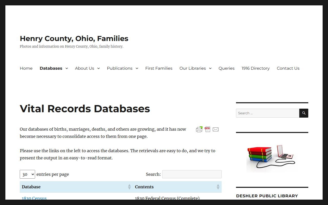 Henry County Death Index - Families Database vital records page