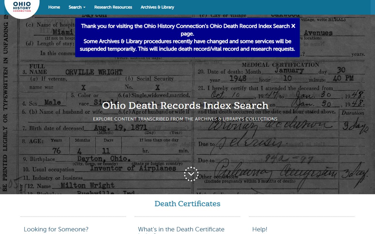 Ohio Death Index - Ohio Death Certificate Index Search Database